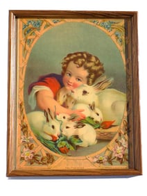 1881 VICTORIAN CHILD WITH RABBITS CHROMOLITHOGRAPH