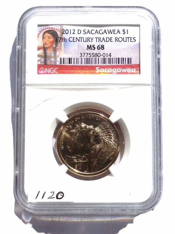 2012 D SACAGAWEA TRADE ROUTES $1 COIN NGC MS 68: United States Denver Mint Sacagawea $1 Dollar Coin. 17th Century Trade Routes with Indian Chief and Horse Reverse. NGC Sealed & Graded MS 68