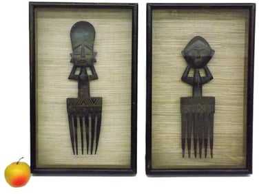 AFRICAN TRIBAL MAN & WOMAN WOODEN COMB CARVINGS