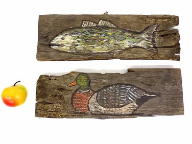 AMERICAN FOLK ART FISH AND DUCK WOODEN PLAQUES