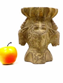 ANCIENT PERSIAN STONE RAM CARVED OIL LAMP