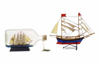 FOUR MASTED SCHOONER SHIP IN BOTTLE W/ MODEL