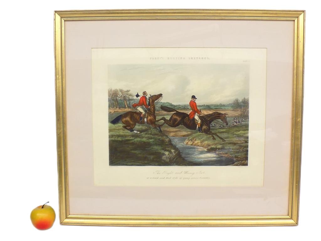 HENRY ALKEN BIG FORES'S HUNTING SKETCHES ENGRAVING: Henry Thomas Alken English 1785-1851 - Messrs Fores Publishing London 1859 - The Right and Wrong Sort or a Good and Bad Style of going across Country. Fores's Hunting Sketches Series Plate 3. Color En