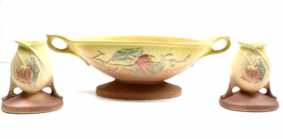 HULL ART POTTERY FLORAL BOWL & CANDLE HOLDERS