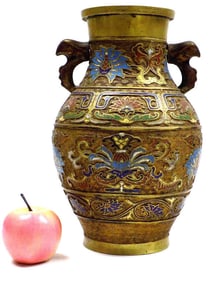 JAPANESE GILT BRONZE CHAMPLEVE PHOENIX LOTUS VASE