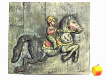 KENNEDY - FOLK ART CHILD ON HORSE WOODEN PLAQUE