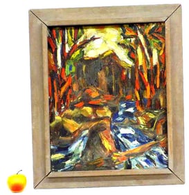 MIDCENTURY ABSTRACT FOREST CABIN PAINTING