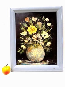 MIDCENTURY FLOWERS PAINTING SIGNED ILLEGIBLY