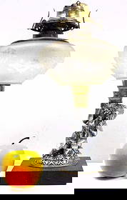 MYTHOLOGIC FIGURAL SILVER & BRASS OIL LAMP: Antique Mythologic Figural Oil Lamp. Silver Cast Boy with Goat Eating Grapes From a Vine. Acanthus Patterned Satin Glass Globe. Total Height 12.50"