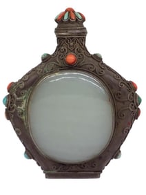RARE TIBETAN SILVER JADE TURQUOISE CORAL SNUFF JAR
