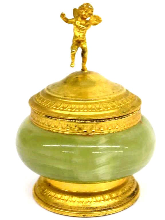 RENAISSANCE REVIVAL GILT PUTTI AGATE FRAGRANCE JAR: 19th Century Renaissance Revival Gold Gilt Metal and Green Quartz Fragrance Jar. Dancing Putti Finial with Surrounding Laurel Decoration. Total Height 3" From an Upper Scale New York Estate.