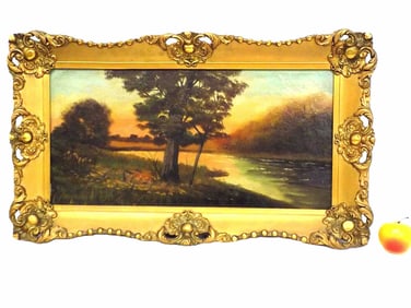 VICTORIAN GOLD FRAMED COUNTRY LANDSCAPE PAINTING