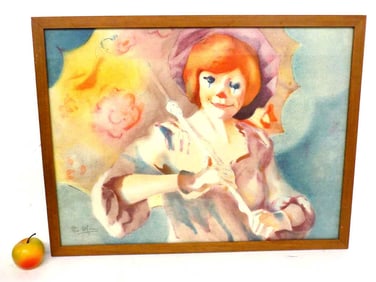 MIDCENTURY CLOWN WITH PARISOL SIGNED LITHOGRAPH