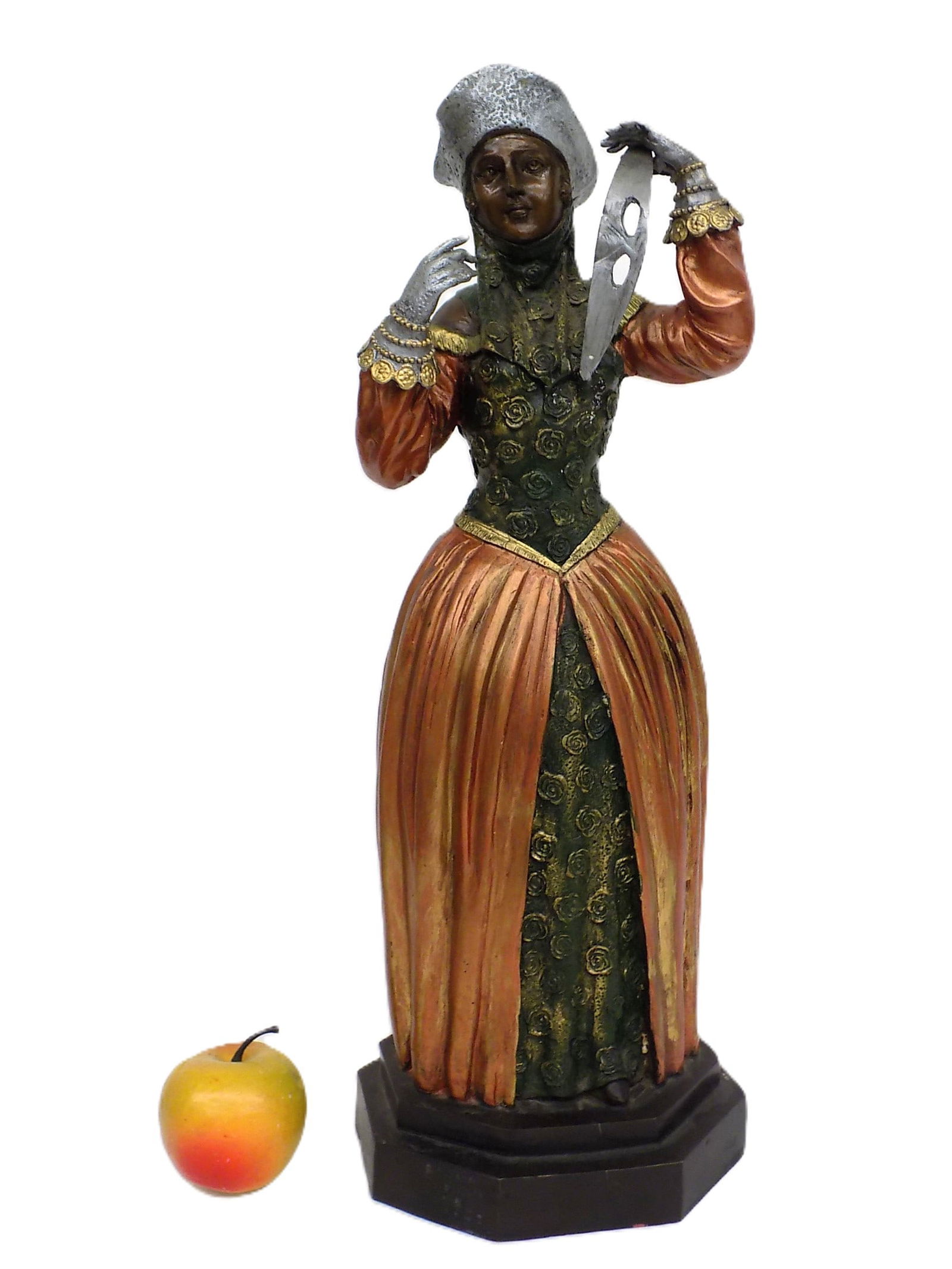 BIG CHIPARUS MASQUERADE MAIDEN BRONZE STATUE 20" TALL: After Demetre Chiparus Romania France 1886-1947 - Large Elegant Cold Painted Bronze Statue of a Maiden Wearing a Formal Ball Gown and Holding a Masquerade Mask. Height 20" x 6" x 20.50" 14 lbs