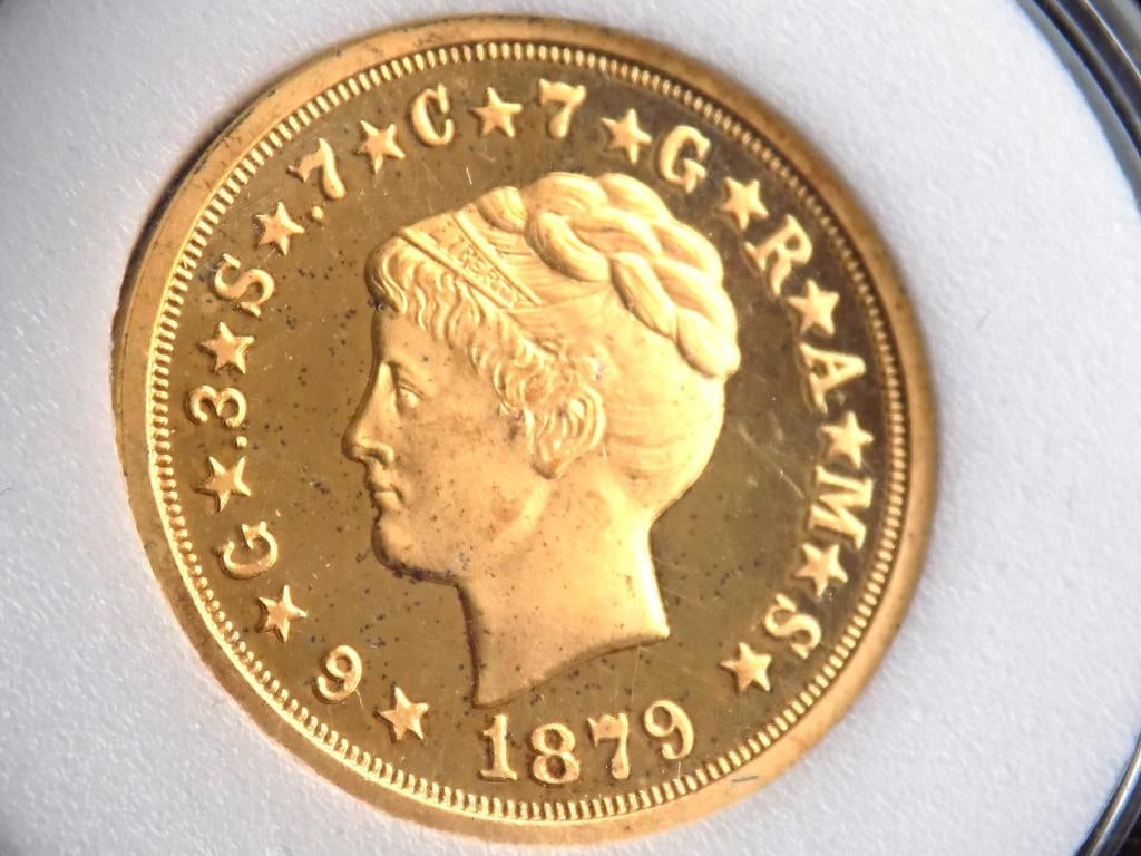 1879 ONE STELLA $4.00 DOLLAR GOLD COIN REPLICA: Replica of a United States Mint 1879 $4.00 / One Stella Gold Coin. Sealed in Capsule