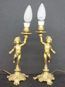 ANTIQUE PAIR GILT BRONZED METAL PUTTI LAMPS