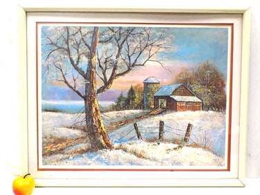 COUNTRY BARN WINTER LANDSCAPE LITHOGRAPH SIGNED