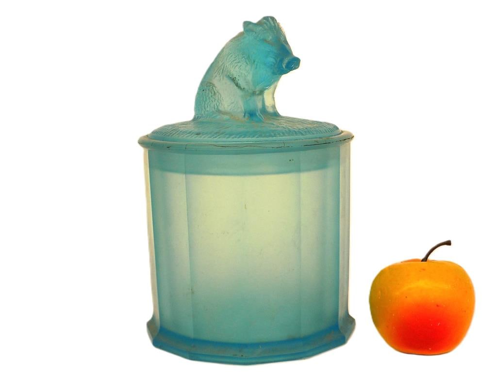 BLUE SATIN GLASS WILD BOAR TOBACCO JAR: Antique Blue Satin Glass Tobacco Jar with Wild Boar Lid. Height 9" x Diameter 6"