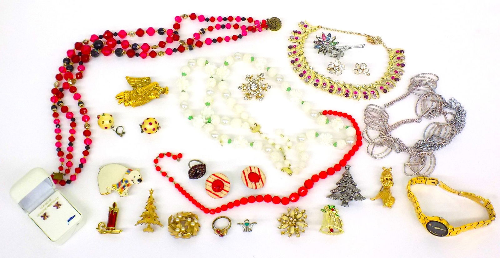 VINTAGE JEWELRY 10K GOLD EARRINGS TRIFARI GRUEN MONET: Vintage Jewelry Lot. Including Pair 10k Solid Gold & Amethyst Earrings, Gruen Precision Ladies Wristwatch with Diamond Chip, Trifari Gold tone Wreath Brooch Faux Pearls, Coro Gold tone Enamel Brooch,