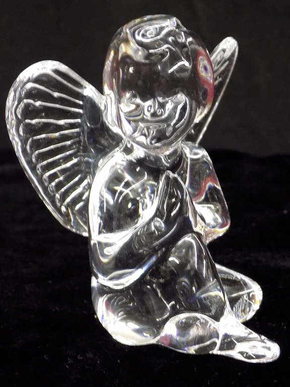 BACCARAT PRAYING SEATED ANGEL ART GLASS SCULPTURE: Baccarat Praying Seated Angel Art Glass Sculpture. Signed Base. Made in France. 3.25" x 2.25" x 3" 1 lb