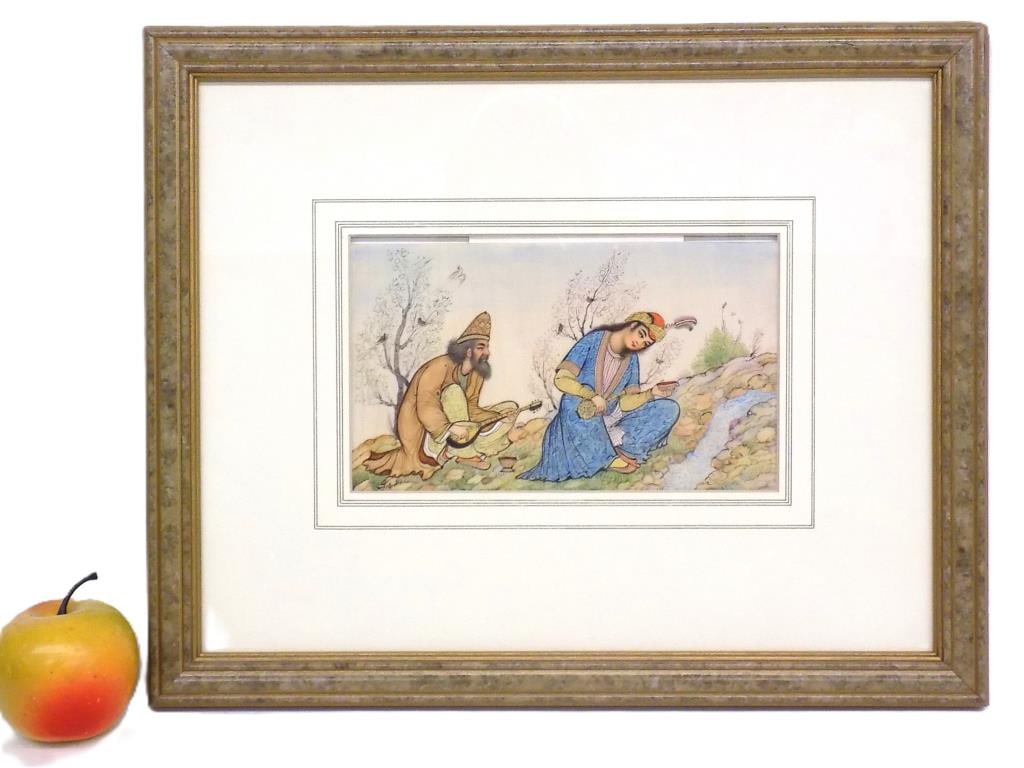 PERSIAN ROYAL COUPLE SIGNED BONE PAINTING (1 of 6)