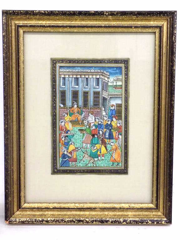 MUGHAL PERSIAN EMPEROR COURT SCENE BONE PAINTING: Antique Persian Islamic Bone Painting. Depicting a Mughal Emperor Court Scene With Surrounding Servants. Exceptional Gold Gilt Highlights. Gold Flake Border Rosewood Frame Measures 11" x 1" x 8" 1 lb