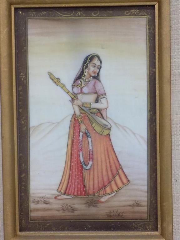 PERSIAN EROTIC GODDESS MINIATURE BONE PAINTING: Antique Persian Bone Miniature Painting. Depicting an Erotic Indian Goddess with a Rudra Veena Sitar . Gold Gilt Frame Measures 10.50" x 1" x 8.50" 1 lb From The Estate of a Late World Traveler