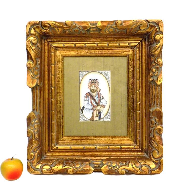 INDIAN MAHARAJA GULAB SINGH OF JAMMU BONE PAINTING: Royal Indian Maharaja Gulab Singh of Jammu Portrait Painting on Bone. Founder of The Dogra Dynasty and First Maharaja of The Princely State of Jammu and Kashmir. Beautiful Gold Gilt Carved Frame Measu