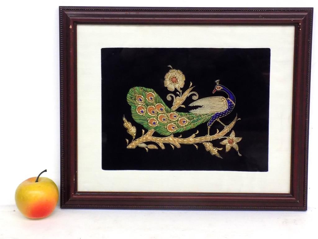 ZARDOZI INDIAN GOLD PEACOCK ART EMBROIDERY: Vintage Zardozi Indian Gold Peacock Art Embroidery. Gorgeous Wall Art Artisan Hand Crafted on Black Velvet. Fancy Gold Beaded Frame Measures 13" x 1" x 16" 2 lbs From The Estate of a Late World Travel