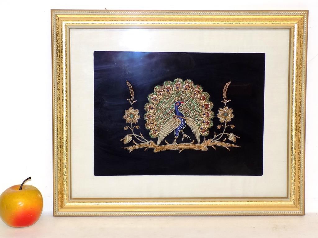 ZARDOZI INDIAN GOLD PEACOCK ART EMBROIDERY: Vintage Zardozi Indian Gold Peacock Art Embroidery. Gorgeous Wall Art Artisan Hand Crafted on Black Velvet. Fancy Gold Beaded Frame Measures 13" x 1" x 16" 2 lbs From The Estate of a Late World Travel
