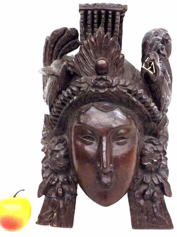 CHINESE EMPRESS LIFE SIZE CARVED WOOD MASK: Antique Chinese Empress Life Size Carved Wood Mask Folk Art Carving. Wearing Dragon and Phoenix Headdress with Inset Glass Eyes and Bone Teeth. Museum Quality Art Sculpture. Height 15.50" x 6" x 10.50