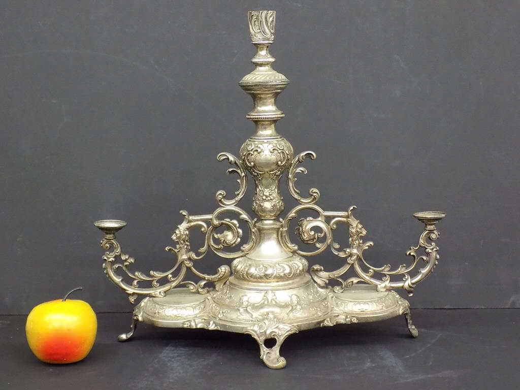 1800'S WMF RENAISSANCE REVIVAL SILVER CANDELABRA: Rare Antique 19th Century WMF / Wurttembergische Mettallwarenfabrik Germany Renaissance Revival Silverplated 3 Light Candelabra. Decorated with Repousse Mythological Puttis, Roaring Lion Heads,