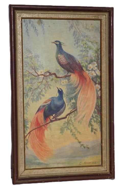HAGOPIAN - PERCHED PHEASANTS NATURE PAINTING: Charles Hagopian Armenia American 1897-1975 - Elegant Perched Pheasants Nature Scene Painting. Oil on Masonite. Signed Lower Right. Thick Wood Frame Measures 37" x 2" x 22.50" 10 lbs Provenance: