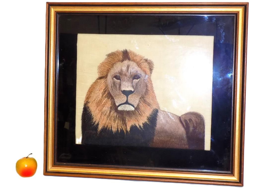 MAJESTIC LION SILK EMBROIDERY ARTWORK: Majestic Lion Three Dimensional Silk Embroidery Artwork. Quality Wood Frame with Gold Border Measures 22.50" x 1.25" x 25" 9 lbs. Fine Art Conservatists New York City Label Rear. From a Prominent New