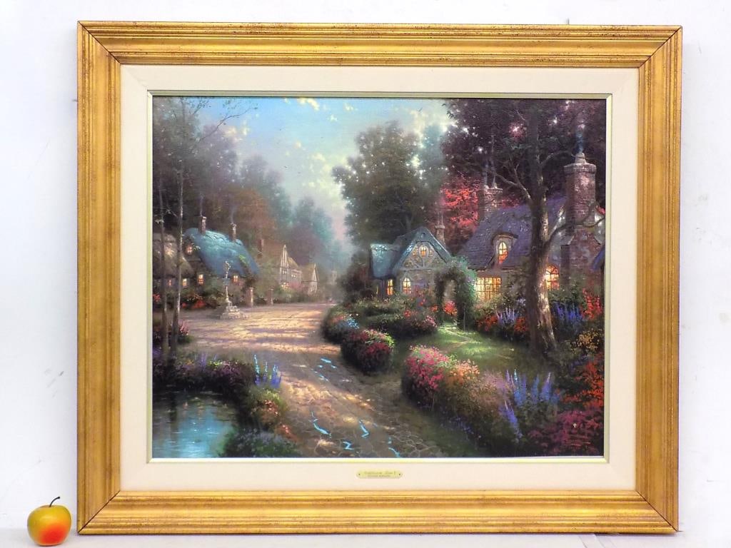 THOMAS KINKADE COBBLESTONE SIGNED GALLERY PROOF: Thomas Kinkade III American 1958-2012 - American California - Big Beautiful Gallery Proof Offset Lithograph on Canvas. Entitled Cobblestone Lane with Gold Name Plate. Vibrant, Illuminated Palette.