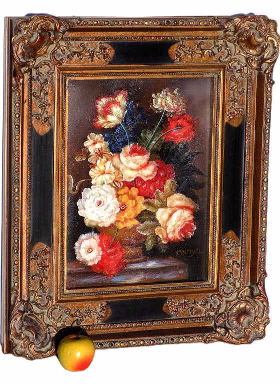 KANTAVIL - BEAUTIFUL FLORAL BOUQUET PAINTING: Kantavil - Australia b 1900 - Beautiful Floral Bouquet Still Life Painting. Oil on Canvas. Signed Lower Right. Quality Gilt Victorian Motif Frame with Scrolled Shells & Acanthus. Measurements: 20" x