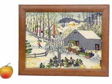 GRANDMA MOSES FOLK ART WINTER SCENE TAPESTRY