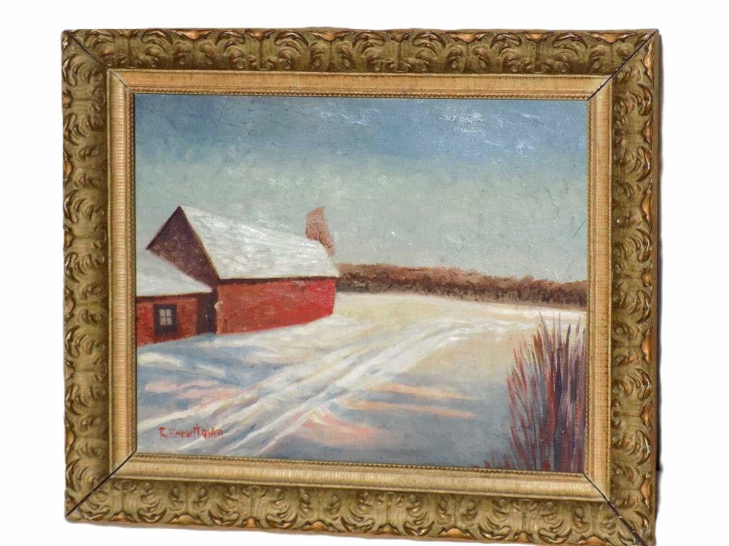 ROBERT EMMETT OWEN - WINTER BARN PAINTING: Robert Emmett Owen - American 1878-1957 - Winter landscape painting with a red barn. Signed lower left. Oil on canvas. Victorian Gilt Acanthus Frame 21.50" x 2.5" x 25.50" 6 lbs Rago sticker verso.