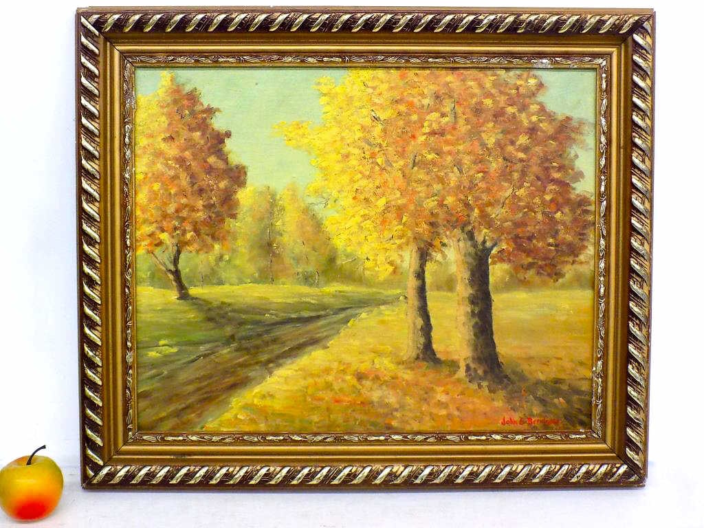 JOHN BERNINGER - AUTUMN COUNTRY LANDSCAPE PAINTING: John E. Berninger - American Pennsylvania 1897-1981 - Autumn Country Landscape Painting. Oil on Board. Signed Lower Right. Fancy Gold Gilt Frame Measurements 20.50" x 2" x 24.50"5 lbs Provenance: