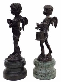 PAIR OF PUTTI ANGEL MUSICIANS BRONZE STATUES