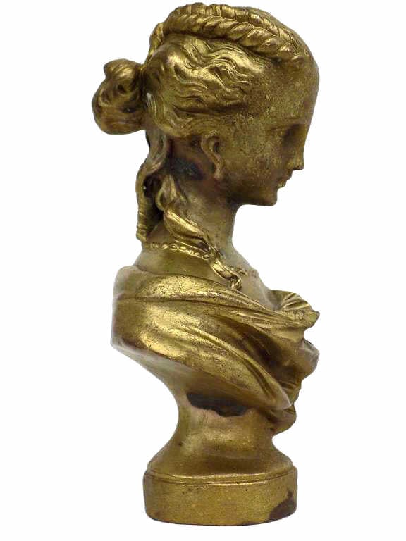 19TH CENTURY VICTORIAN GILT BRONZE MAIDEN BUST: 19th Century Victorian Gilt Bronze Bust. Depicting a Lovely Maiden Wearing Necklace and Gown. Measurements 6" x 2.50" x 3.50" 3 lbs Provenance: From a Prominent New York Estate