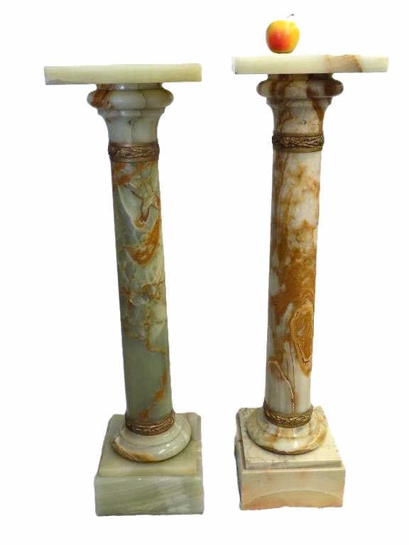 GORGEOUS BRONZE ONYX COLUMN PILLAR PEDESTALS: Victorian Pair of Gorgeous Onyx Column Pillar Pedestal Stands. Each with Upper and Lower Turnings Featuring Gilt Bronze Ormolu With Laurel Decoration. First Measurements Height 40.50" x Width 11" x Le