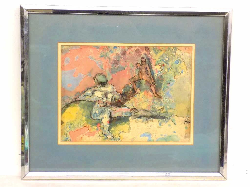 STEIN - MODERNIST ABSTRACT NUDES WATERCOLOR: Stein American 20th Century - Modernist Abstract Nudes Watercolor Painting on Paper.Dated 89' Signed Lower Margin. Chrome Frame Measures 15.50" x 1" x 18.50 2 lbs New York Framer Label Rear Provenance