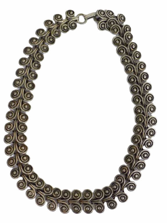 VINTAGE OLD CREST MODERNIST SILVER NECKLACE: Vintage Old Crest Modernist Silver Necklace. Length 15" x Width 3/4" Signed. Double Swirl Design in The Style of Calder