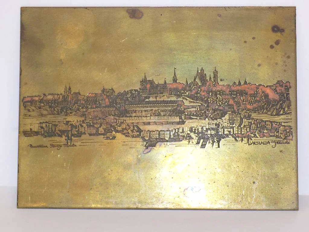 JOSEPH KOZLOWSKI WARSZAWA - PANORAMA PRINT PLATE: Joseph Kozlowski Warszawa - Rare Original Brass and Copper Print Plate Block For a Panorama Starego Miasta in Warsaw Poland. Height 5.25" x 1" x Length 7" 1 lb