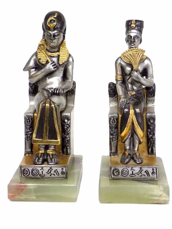 EGYPTIAN TUTANKHAMUN & NEFERTITI BRONZE STATUES: Egyptian Revival King Tutankhamun and Queen Nefertiti Gold Gilt Accented Silvered Bronze Sculptures on Onyx Bases. Cast in Italy, Artist Signed Illegibly A. Davasiv ? Total height 7" x Width 3.50" x L