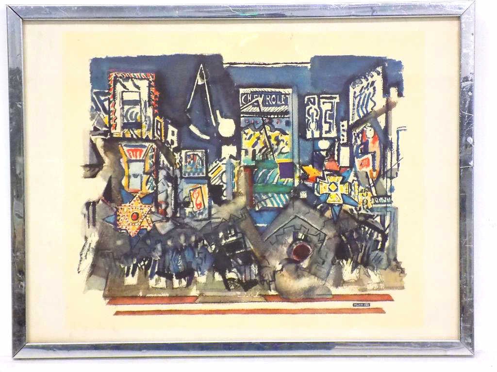 JOHN MARIN - BROADWAY CITY SCENE PRINT: John Marin American 1870-1953 - New York City Broadway Scene Print. Midcentury Chrome Frame Height 13" x Width 1" x Length 17" (dents) 3 lbs