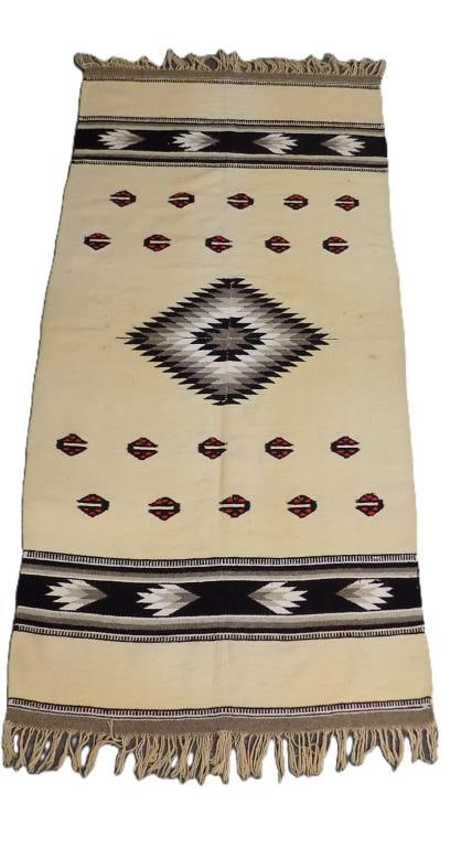 NATIVE AMERICAN INDIAN NAVAJO EYE DAZZLER RUG: Native American Indian Navajo Eye Dazzler Rug. Hand Made Spun Wool. Height 38" x Width 1" x Length 74"