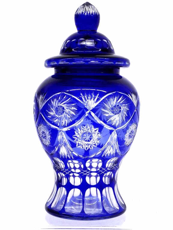 BOHEMIAN COBALT BLUE STARS GLASS CANDY JAR 12" (1 of 5)