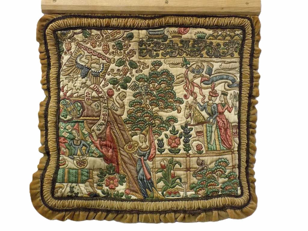 RENAISSANCE REVIVAL STUMPWORK TAPESTRY: Renaissance Revival Stumpwork / Stitchwork Art Wall Tapestry. Depicting Figures in a Nature Setting. Oak Wood Hanger. Total Height 25" x Width 1" x Length 25" 3 lbs